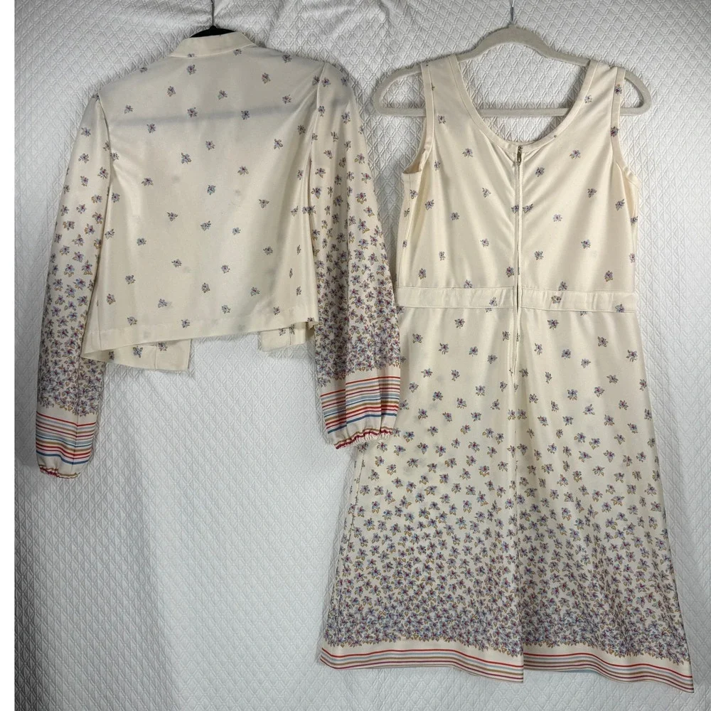 Vintage The Kollection Floral Midi Dress and Jacket Set Cream Blue Red 70s Style